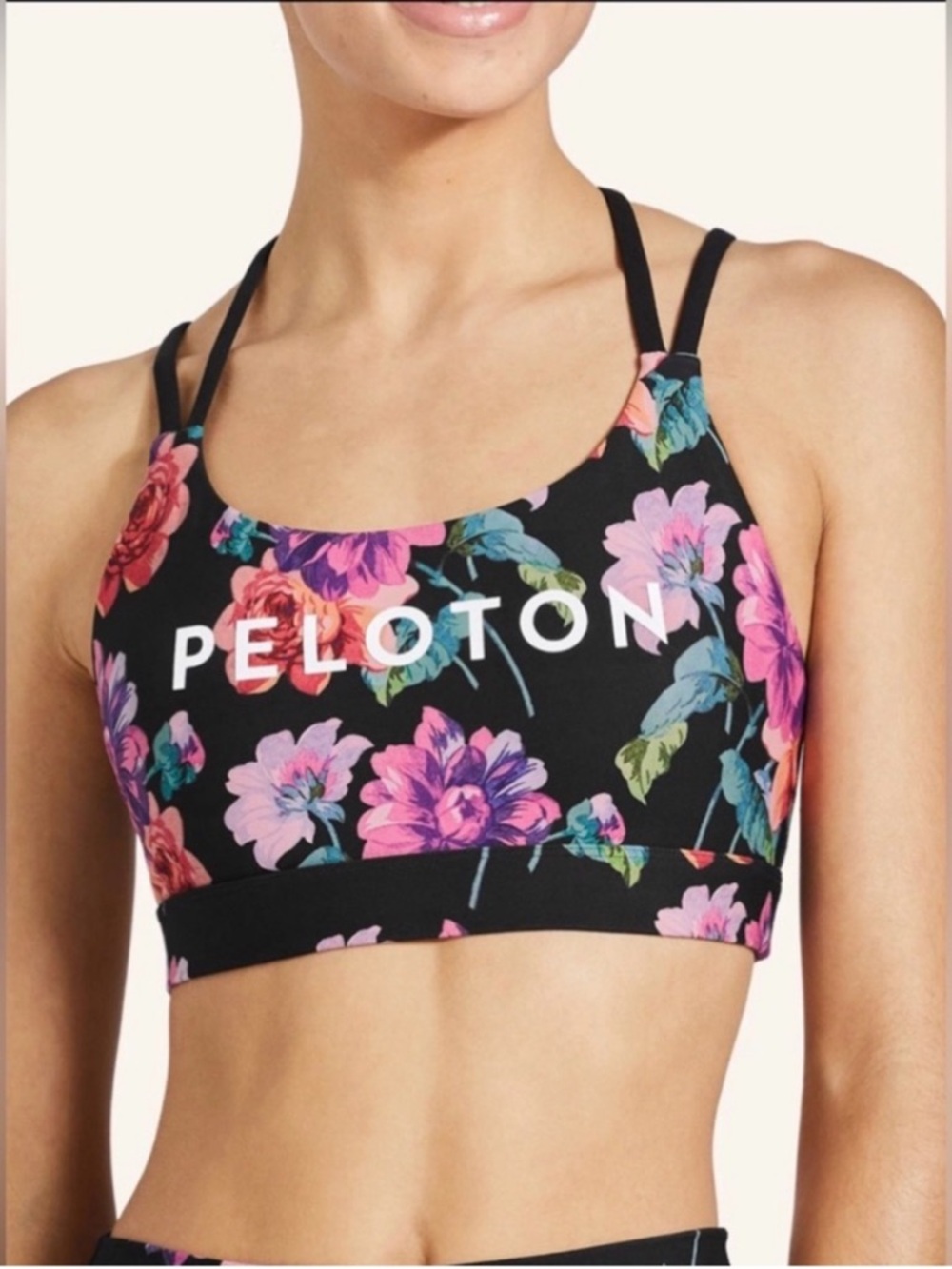 Peloton Floral Print Black Sports Bra with Double Straps